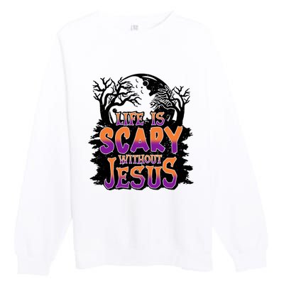 Life Is Scary Without Jesus Christian Halloween Tree Bible Premium Crewneck Sweatshirt