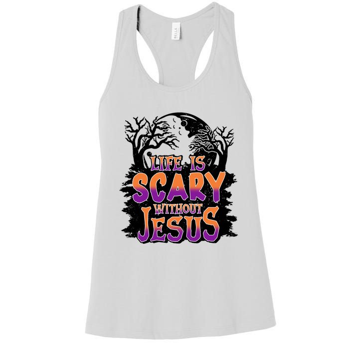 Life Is Scary Without Jesus Christian Halloween Tree Bible Women's Racerback Tank