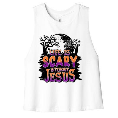 Life Is Scary Without Jesus Christian Halloween Tree Bible Women's Racerback Cropped Tank