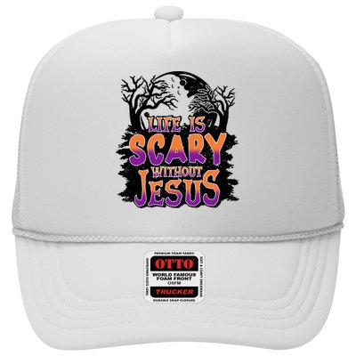 Life Is Scary Without Jesus Christian Halloween Tree Bible Trucker Hat