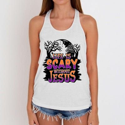 Life Is Scary Without Jesus Christian Halloween Tree Bible Women's Knotted Racerback Tank