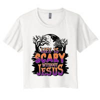 Life Is Scary Without Jesus Christian Halloween Tree Bible Women's Crop Top Tee