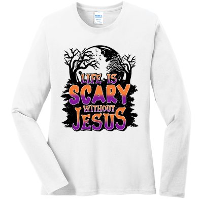 Life Is Scary Without Jesus Christian Halloween Tree Bible Ladies Long Sleeve Shirt