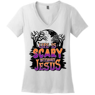 Life Is Scary Without Jesus Christian Halloween Tree Bible Women's V-Neck T-Shirt
