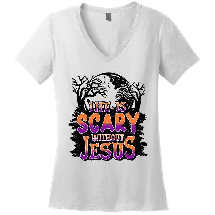 Life Is Scary Without Jesus Christian Halloween Tree Bible Women's V-Neck T-Shirt