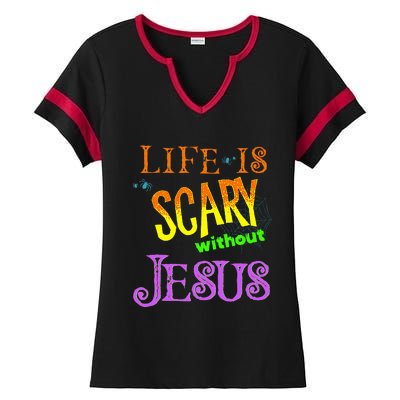 Life Is Scary Without Jesus Autumn Halloween Christian Ladies Halftime Notch Neck Tee