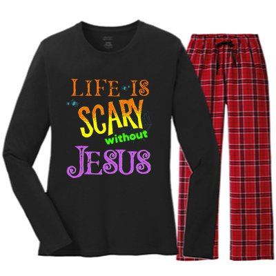 Life Is Scary Without Jesus Autumn Halloween Christian Women's Long Sleeve Flannel Pajama Set 