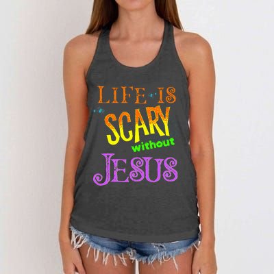 Life Is Scary Without Jesus Autumn Halloween Christian Women's Knotted Racerback Tank