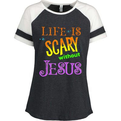 Life Is Scary Without Jesus Autumn Halloween Christian Enza Ladies Jersey Colorblock Tee