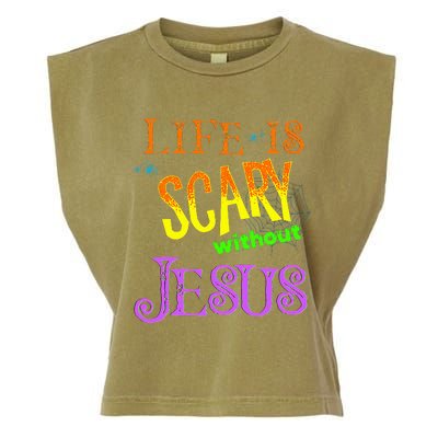 Life Is Scary Without Jesus Autumn Halloween Christian Garment-Dyed Women's Muscle Tee