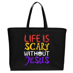 Life Is Scary Without Jesus Funny Christian Faith Halloween Cotton Canvas Jumbo Tote