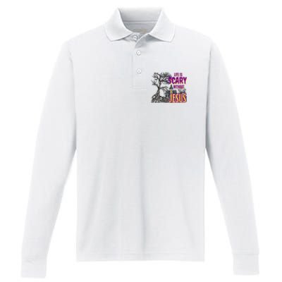 Life Is Scary Without Jesus Halloween Costume Performance Long Sleeve Polo