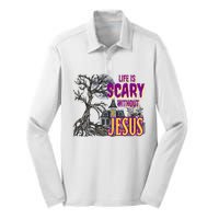 Life Is Scary Without Jesus Halloween Costume Silk Touch Performance Long Sleeve Polo