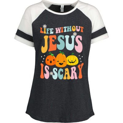 Life is Scary Without Jesus - Christian Faith Halloween  Enza Ladies Jersey Colorblock Tee