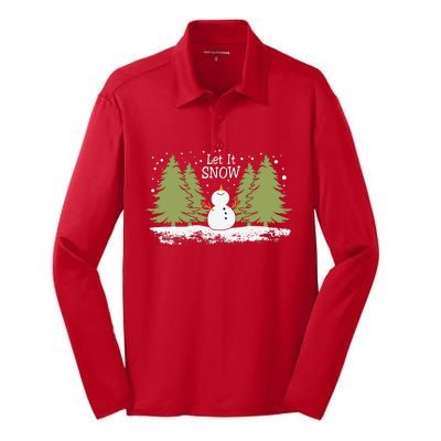 Let It Snow Winter Snowman Christmas Silk Touch Performance Long Sleeve Polo