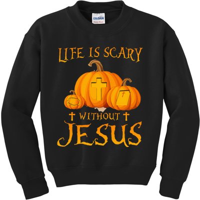 Life Is Scary Without Jesus Halloween Pumpkin Christian Kids Sweatshirt