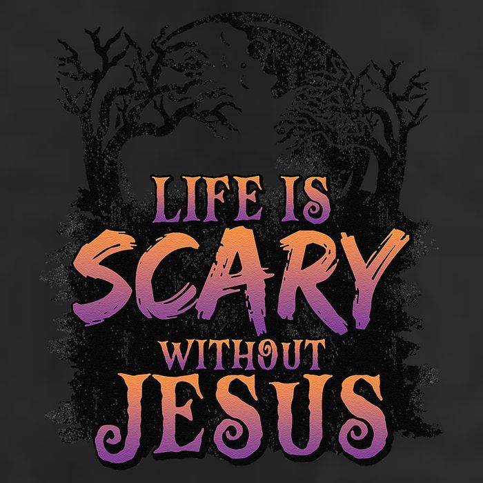 Life Is Scary Without Jesus Funny Halloween Christian 7 Panel Mesh Trucker Snapback Hat