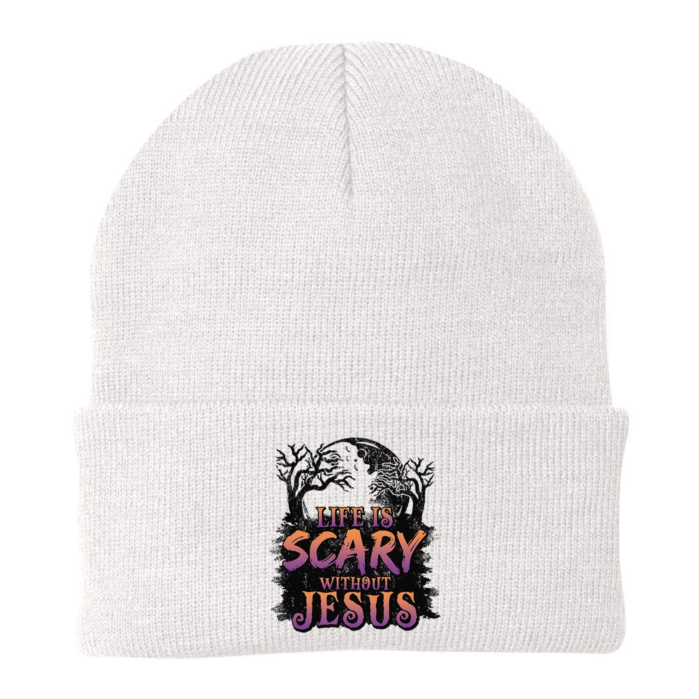 Life Is Scary Without Jesus Funny Halloween Christian Beanie