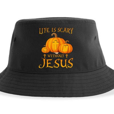 Life Is Scary Without Jesus Halloween Pumpkin Christian Sustainable Bucket Hat