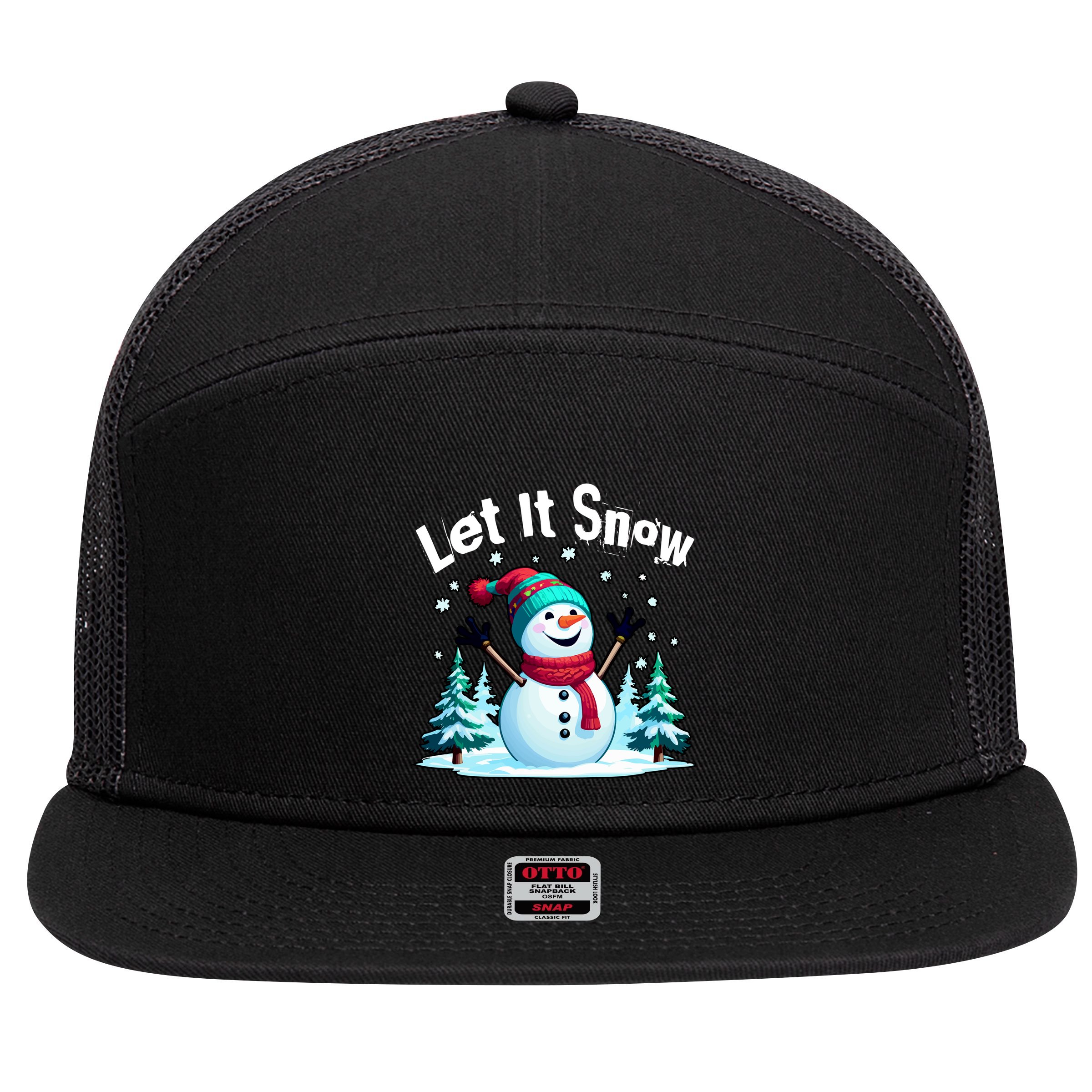Let It Snow Snowman 7 Panel Mesh Trucker Snapback Hat