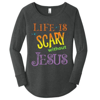 Life Is Scary Without Jesus Christian Halloween Costume Women's Perfect Tri Tunic Long Sleeve Shirt