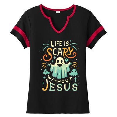 Life Is Scary Without Jesus Christian Halloween Funny Ladies Halftime Notch Neck Tee