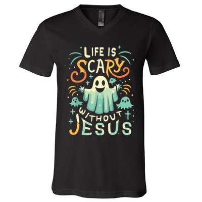 Life Is Scary Without Jesus Christian Halloween Funny V-Neck T-Shirt
