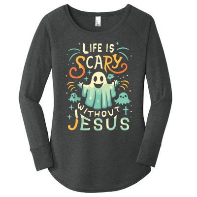 Life Is Scary Without Jesus Christian Halloween Funny Women's Perfect Tri Tunic Long Sleeve Shirt