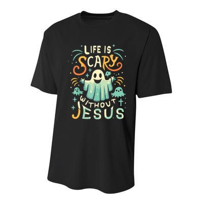 Life Is Scary Without Jesus Christian Halloween Funny Youth Performance Sprint T-Shirt