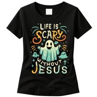 Life Is Scary Without Jesus Christian Halloween Funny Womens T-Shirt