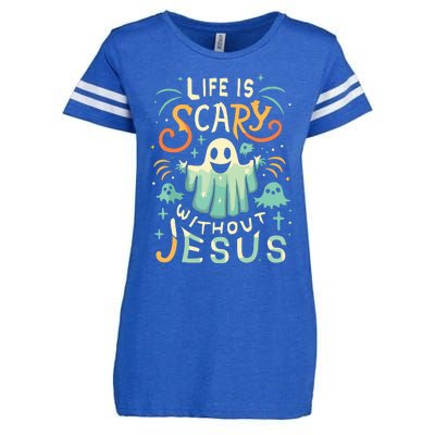 Life Is Scary Without Jesus Christian Halloween Funny Enza Ladies Jersey Football T-Shirt