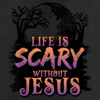 Life Is Scary Without Jesus Funny Halloween Christian 7 Panel Mesh Trucker Snapback Hat