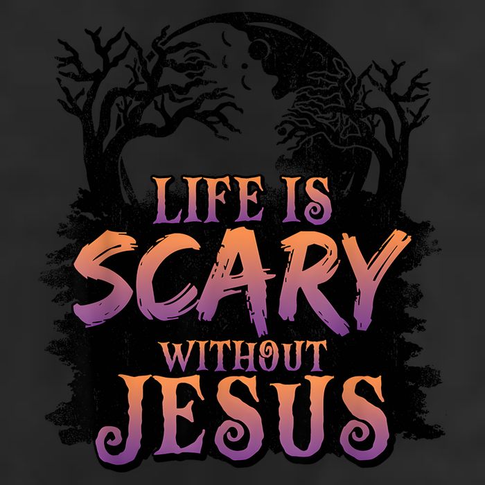 Life Is Scary Without Jesus Funny Halloween Christian 7 Panel Mesh Trucker Snapback Hat