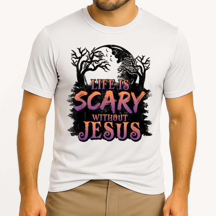 Life Is Scary Without Jesus Funny Halloween Christian Cooling Performance Crew T-Shirt