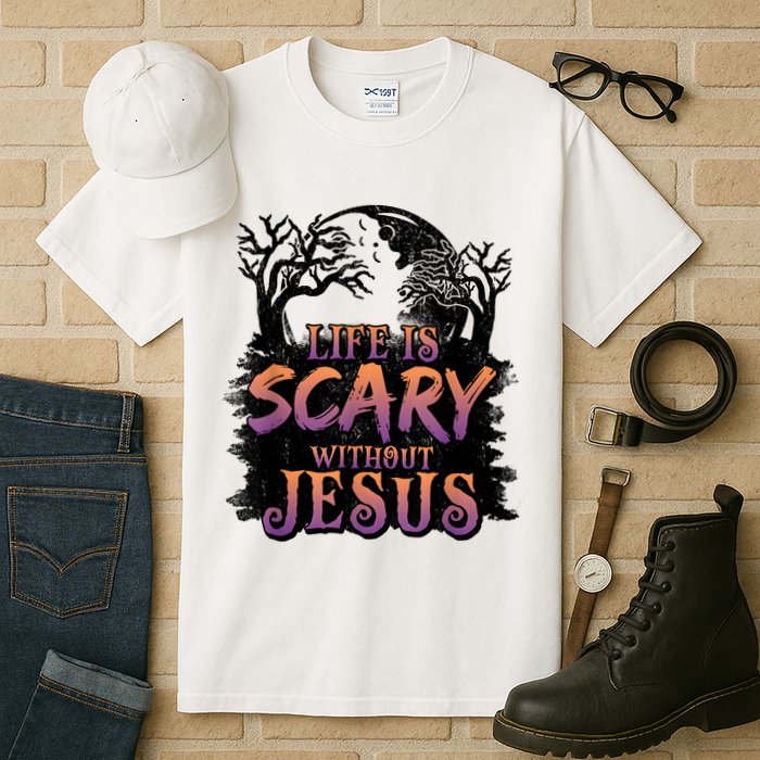 Life Is Scary Without Jesus Funny Halloween Christian Tall T-Shirt
