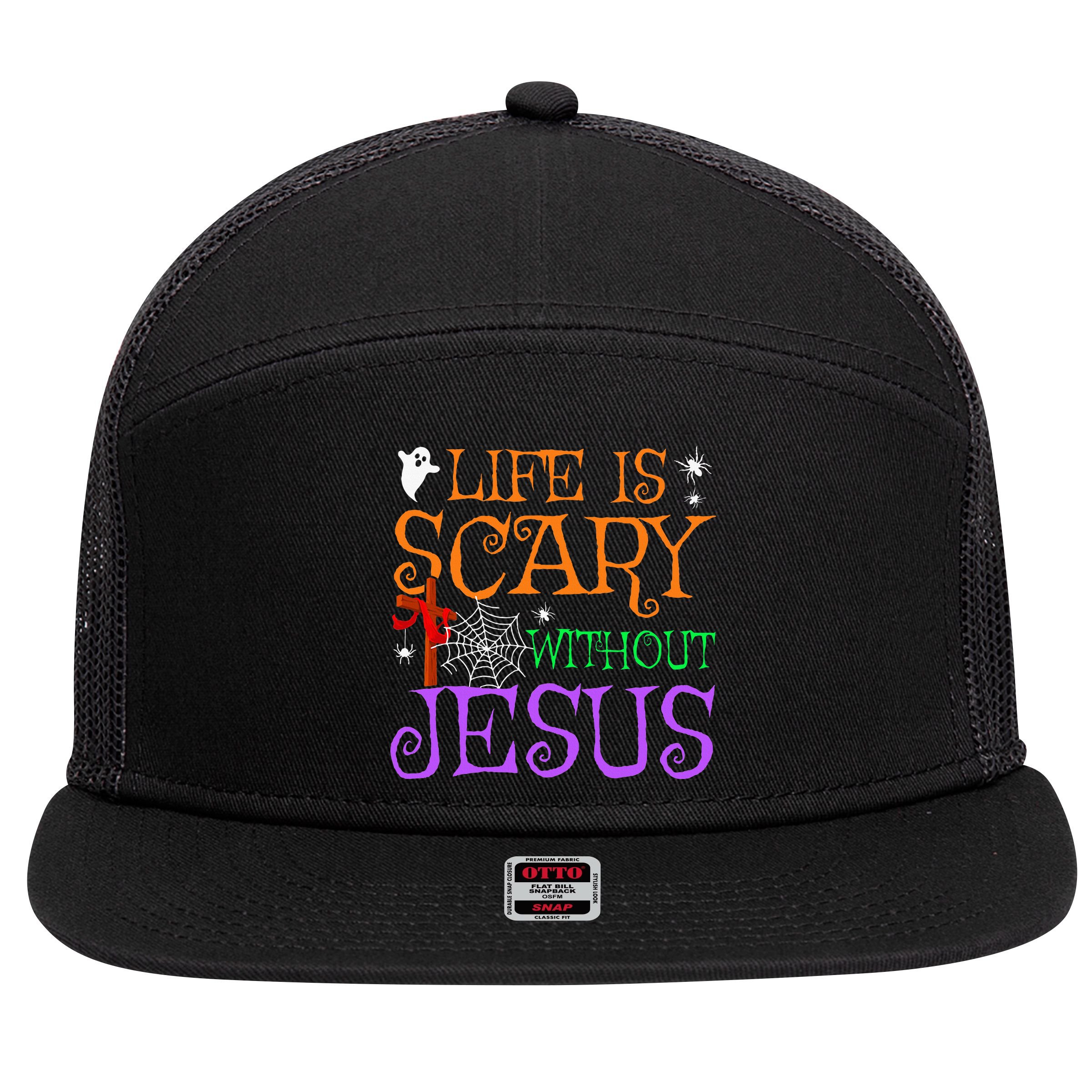 Life Is Scary Without Jesus 7 Panel Mesh Trucker Snapback Hat