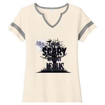 Life Is Scary Without Jesus Christian Halloween Religious Ladies Halftime Notch Neck Tee