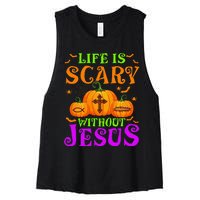 Life Is Scary Without Jesus Christian Halloween Women's Racerback Cropped Tank