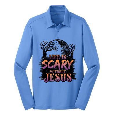 Life Is Scary Without Jesus Funny Halloween Christian Silk Touch Performance Long Sleeve Polo