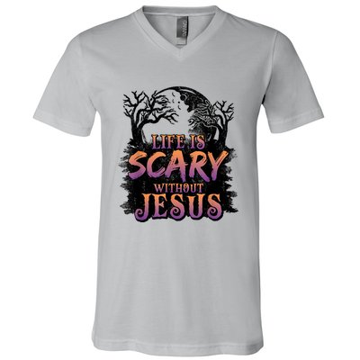 Life Is Scary Without Jesus Funny Halloween Christian V-Neck T-Shirt