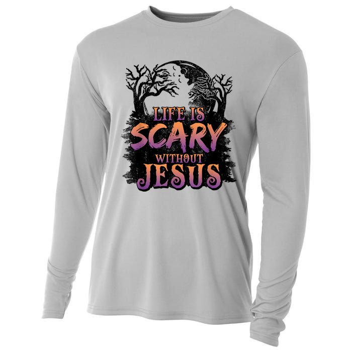 Life Is Scary Without Jesus Funny Halloween Christian Cooling Performance Long Sleeve Crew