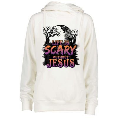 Life Is Scary Without Jesus Halloween Costume Womens Funnel Neck Pullover Hood