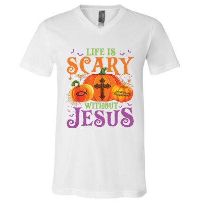 Life Is Scary Without Jesus Fall Halloween Christian Lover V-Neck T-Shirt