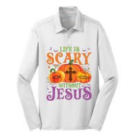 Life Is Scary Without Jesus Fall Halloween Christian Lover Silk Touch Performance Long Sleeve Polo