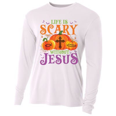 Life Is Scary Without Jesus Fall Halloween Christian Lover Cooling Performance Long Sleeve Crew