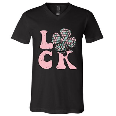 Lucky Irish Shamrock Disco Clover Leaf Saint Patrick's Day V-Neck T-Shirt