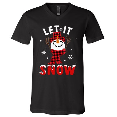 Let It Snow Snowman Christmas Pajama Buffalo Plaid V-Neck T-Shirt