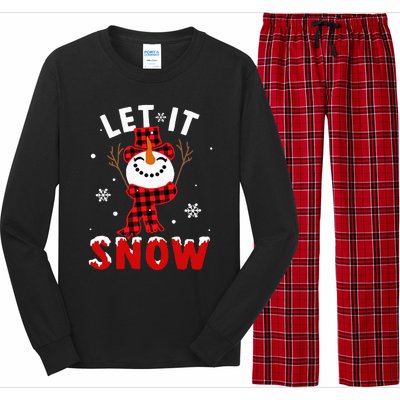 Let It Snow Snowman Christmas Pajama Buffalo Plaid Long Sleeve Pajama Set