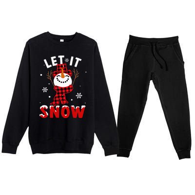 Let It Snow Snowman Christmas Pajama Buffalo Plaid Premium Crewneck Sweatsuit Set