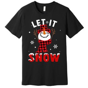 Let It Snow Snowman Christmas Pajama Buffalo Plaid Premium T-Shirt